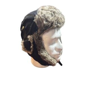 Mad Bomber trapper hat black rabbit fur bomber cap sz small ear flaps